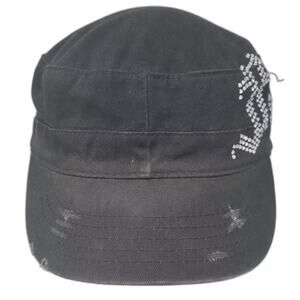 hc Black Army Cap OS Rhinestone Faith Distressed Silver Studded Cadet Hat Cotton